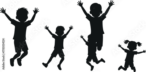 Children jumping silhouettes, joyful kids in motion, raised arms, black figures, white background, playful energy, happy childhood, dynamic pose scene