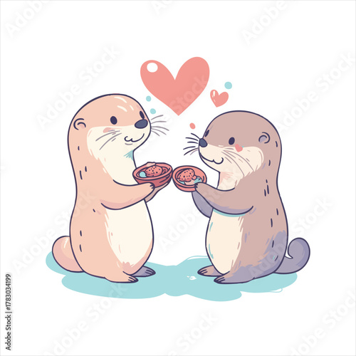 Cute otters sharing a treat, in love