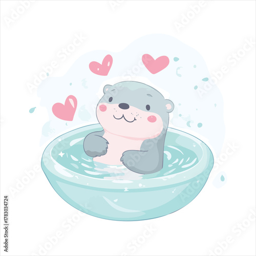 Cute otter in a bath.  A cheerful otter sits happily in a light teal colored tub, surrounded by hearts and water