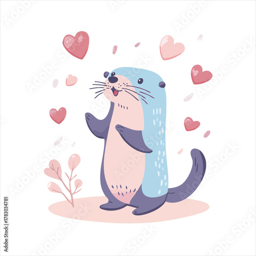 Cute otter with hearts.  A cartoon otter character, light blue and pastel pink, stands upright, arms raised