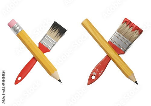 Artistic pencil and paintbrush crossed icon isolated on transparent background