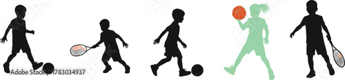 Children playing sports, silhouette kids activity, soccer, tennis, basketball, dynamic poses, youth fitness, black and green figures, energetic motion