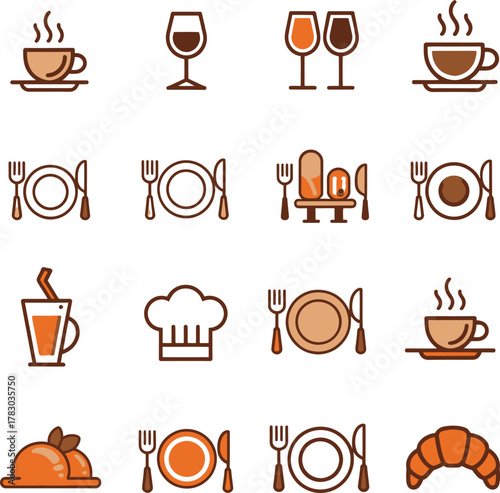 Restaurant Cafe Icons Set Assortment of Food and Drink Tableware Elements