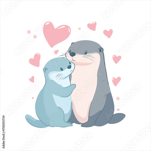 Cute otters in love, surrounded by hearts