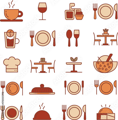 Set of diverse restaurant and dining icons representing various food drink and eatery elements