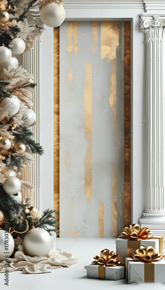Obraz premium Luxury Christmas Background White Gold and Flocked Winter Holiday Decor_3