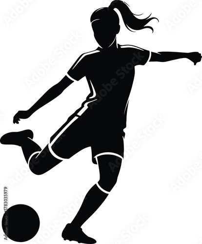 Vibrant Outline Female Soccer Player Kicking Ball Modern Sport Vector Design