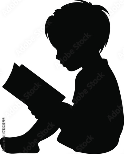 Young Boy Reading Book Silhouette Child Education and Learning Concept Isolated on Transparent Background