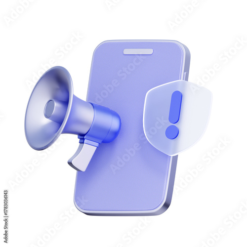 3D icon of a smartphone with a megaphone and security shield warning For mobile security alerts, receiving scam warnings, public safety announcements, and emergency notifications.