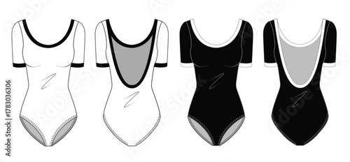 Bodysuit fashion flat technical drawing template. swimsuit technical fashion Illustration, front view, back view, white, mockup.