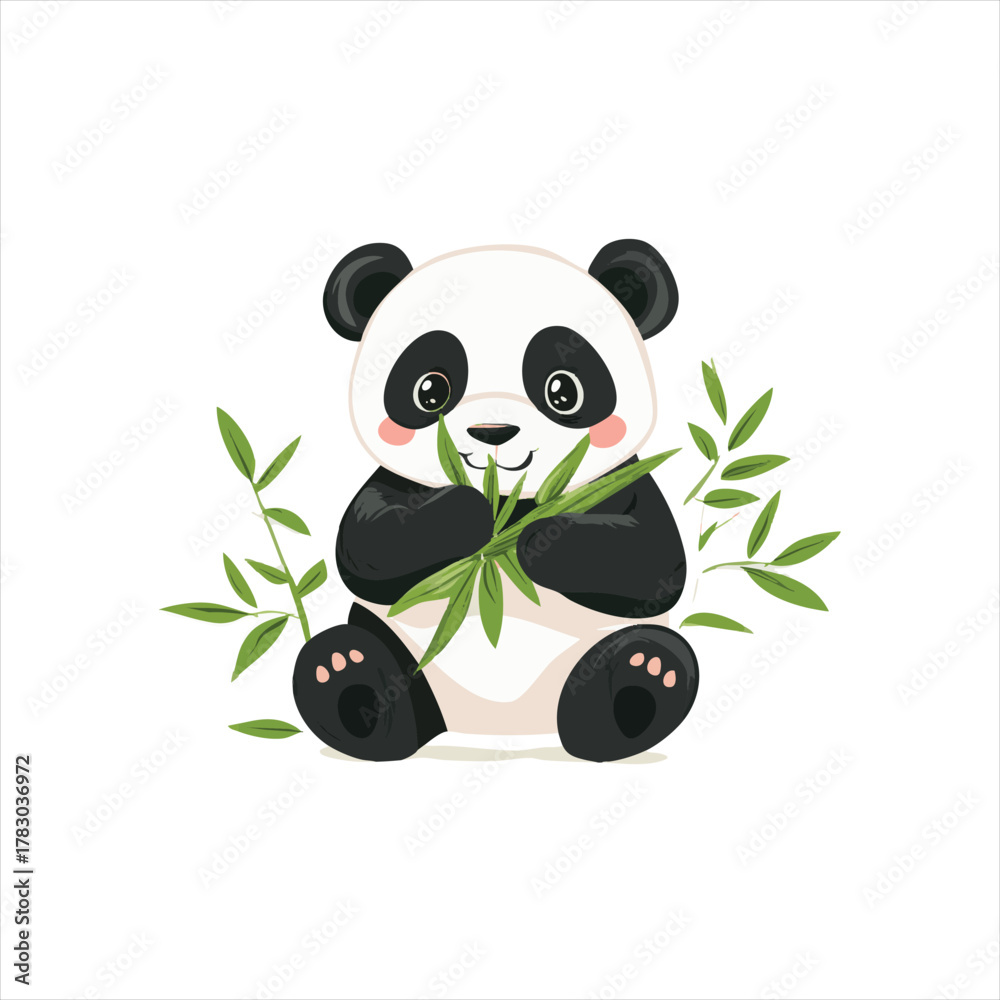Obraz premium Cute cartoon panda cub eating bamboo
