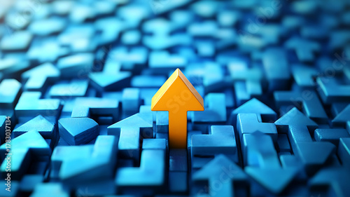 Unique direction amidst uncertainty yellow arrow breaking away from blue arrows success concept business strategy direction growth path leadership