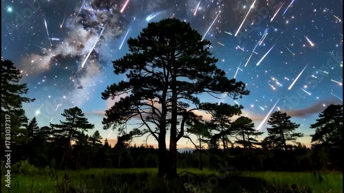Spectacular Meteor Shower Illuminates a Starry Night Sky Above a Silhouetted Forest Landscape