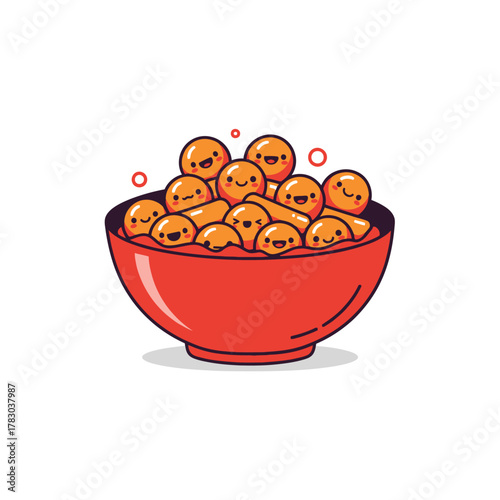 A vibrant cartoon illustration showcasing a cheerful bowl of smiling, snack-like characters, a delightful and whimsical breakfast concept