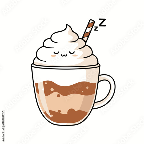 Cute sleepy coffee cup with whipped cream and a straw, a charming kawaii drink illustration