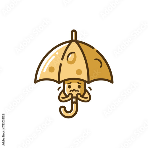 A whimsical cartoon cheese umbrella character mascot showing a scared and worried facial expression