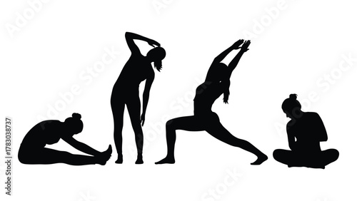 Women's yoga and stretching silhouettes isolated on white background, Vector