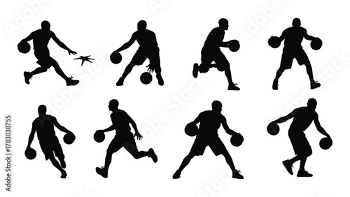 Basketball player dribbling silhouettes isolated on white background, Vector