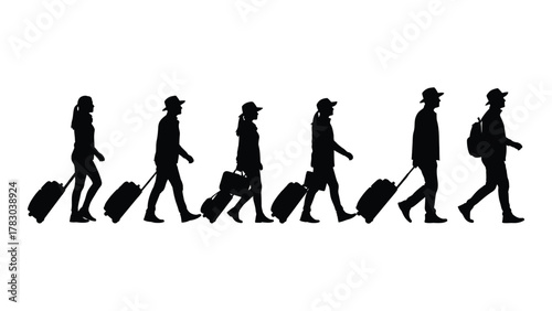 Travelers with luggage silhouettes isolated on white background, Vector