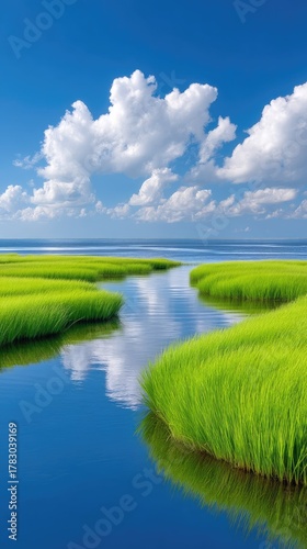 Vibrant Marshland Landscape With Lush Green Reeds And Reflective Blue Water Under A Bright Sunny Sky With Fluffy White Clouds