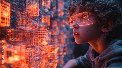 Boy wearing futuristic glasses, viewing a digital city.