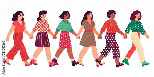 Diverse group of women holding hands and walking together in solidarity and unity