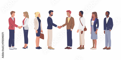 Diverse group of professionals in business attire shaking hands and standing together