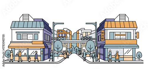 A street scene with people and buildings