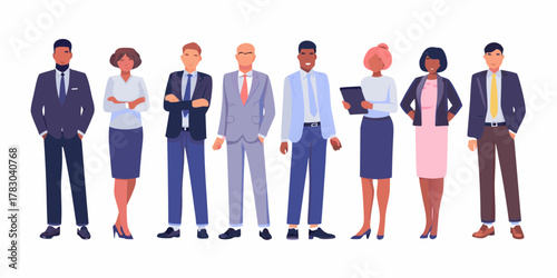 Diverse group of professional business people standing together in formal attire on a white background