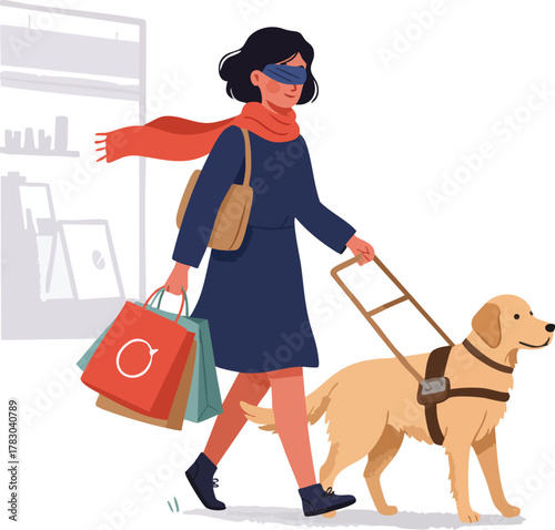 Woman walks with guide dog while carrying shopping bags on a city street with a storefront in the background.