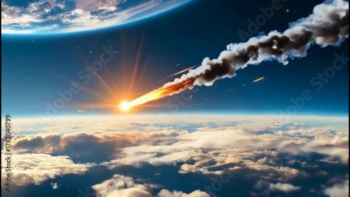 Fiery Meteoroid Streaking Through Earth's Atmosphere Above Clouds, Approaching Planet Surface in a Dramatic Cosmic Event
