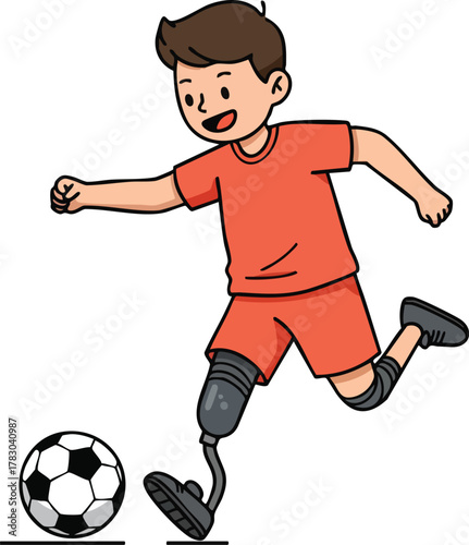 A boy with a prosthetic leg plays soccer with a ball on the ground.