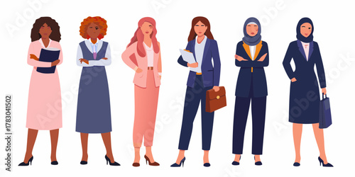 Diverse group of professional women in business attire standing together with confidence and style