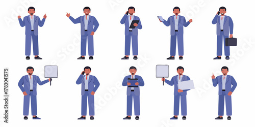 Collection of diverse businessmen poses and actions in blue suits with various props