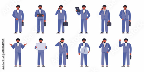 Collection of diverse businessmen in blue suits performing various actions and holding briefcases and tablets
