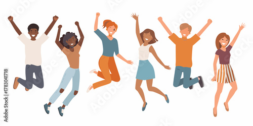 Diverse group of happy young people jumping and celebrating together with arms raised in the air