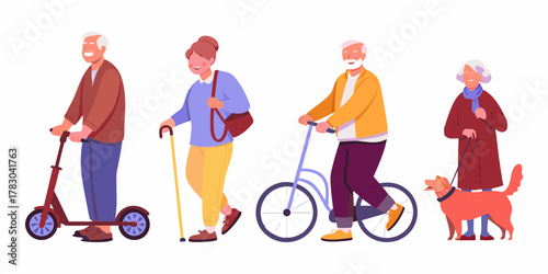 Diverse group of happy elderly people enjoying outdoor activities with scooters bicycle cane and dog