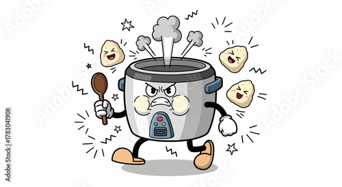 Angry rice cooker cartoon character with steam and spoon ready to attack.