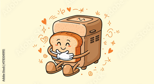 Animated bread slice hugging a bread maker machine with happy expression.