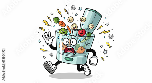 Cartoon Blender Character Running in Panic with Flying Fruits and Vegetables.