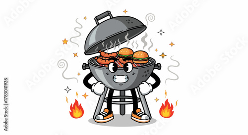 Cartoon barbecue grill with burgers ready for cooking and grilling.
