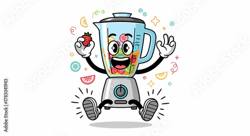 Cartoon Blender Character with Fruits Joyful and Energetic.