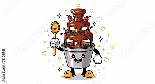Cartoon Chocolate Fountain Character with Spoon and Cherries.