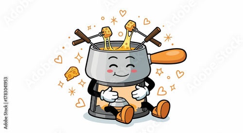 Cartoon Cheese Fondue Pot Character with Sticks and Melting Cheese.