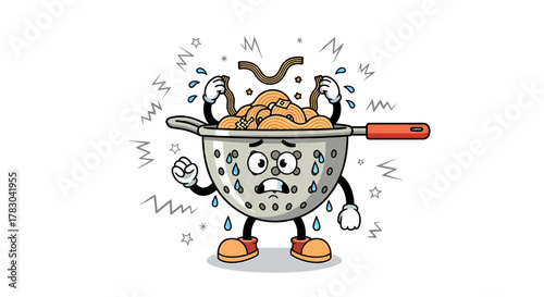 Cartoon Colander Character Stressed with Pasta.
