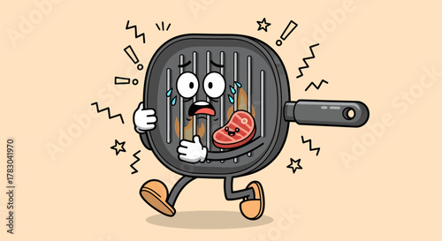 Cartoon grill pan character with a steak inside looking shocked and running.