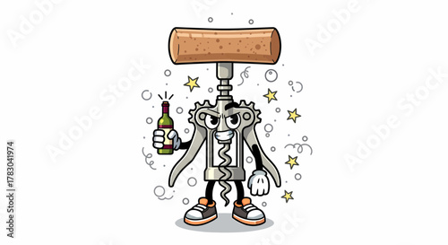 Cartoon Corkscrew Character Holding a Bottle and Celebrating.