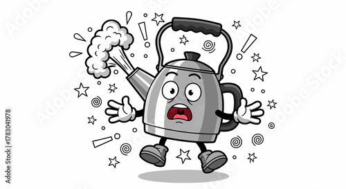 Cartoon kettle character with steam and surprised expression.