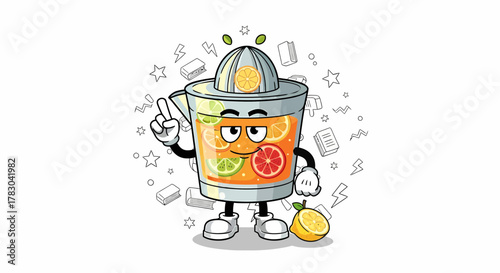 Cartoon Juicer Character with Citrus Fruit and a Stern Expression.