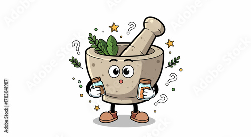 Cartoon mortar and pestle character holding medicine bottles with question marks.